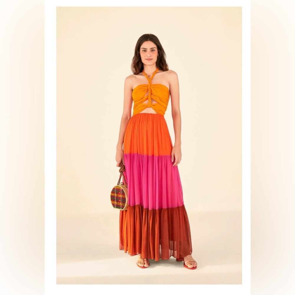 FARM RIO Warm Color Block Halter Maxi Dress Size L